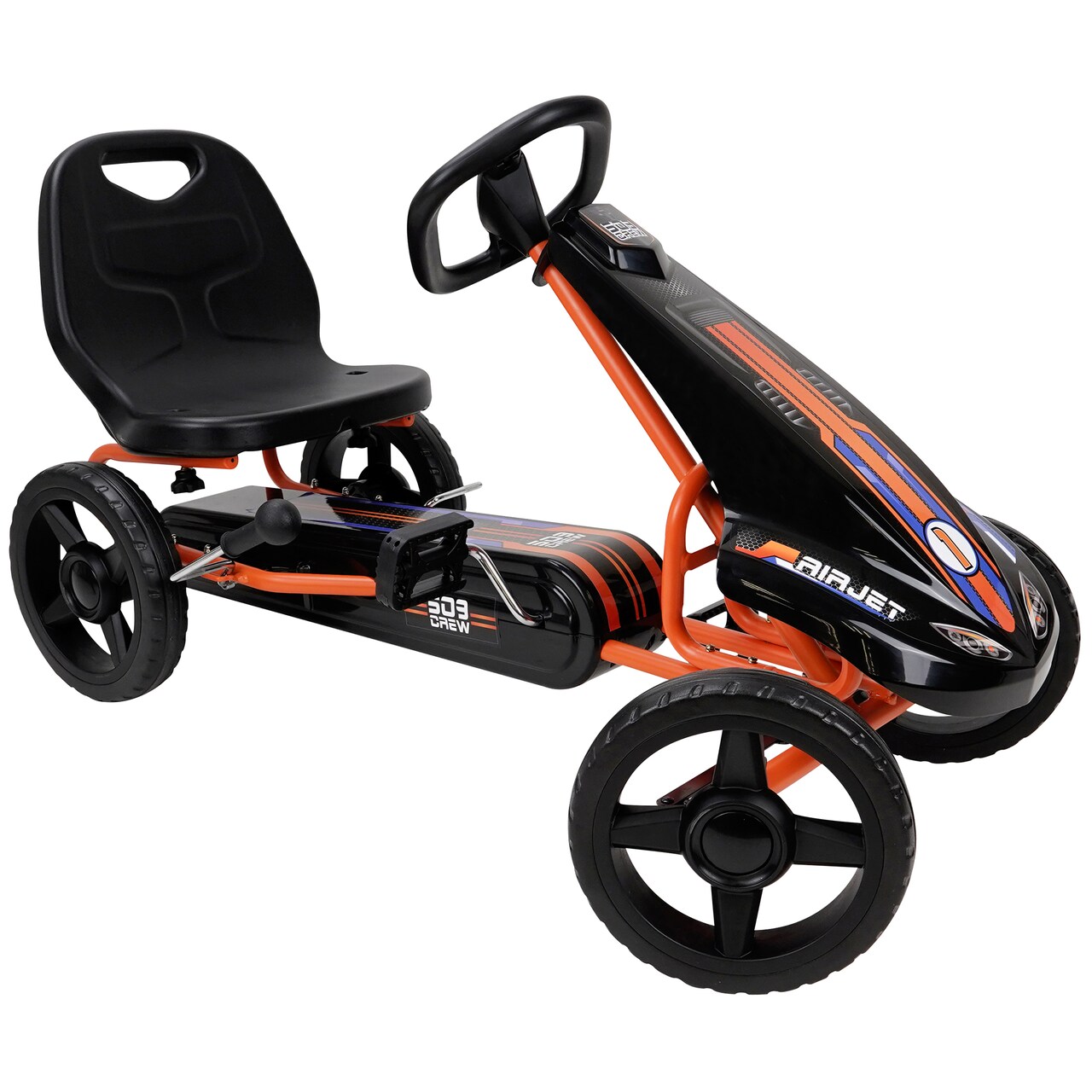 Air Jet Pedal Go Kart - Orange - Kids, Sporty Graphics on The Front Fairing, Adjustable Bucket Seat, 4 Spoke Rims w/ 10" EVA Wheels, Sporty Steering Wheel, Kids Go Kart Ages 4+